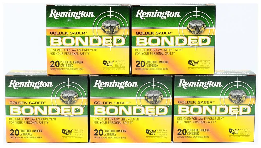 Remington Golden Saber Bonded 9mm Luger +P 124 Grain BJHP Ammunition, 100 Rounds