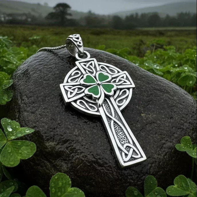 Shamrock Fields Irish Celtic Cross Necklace in Sterling Silver