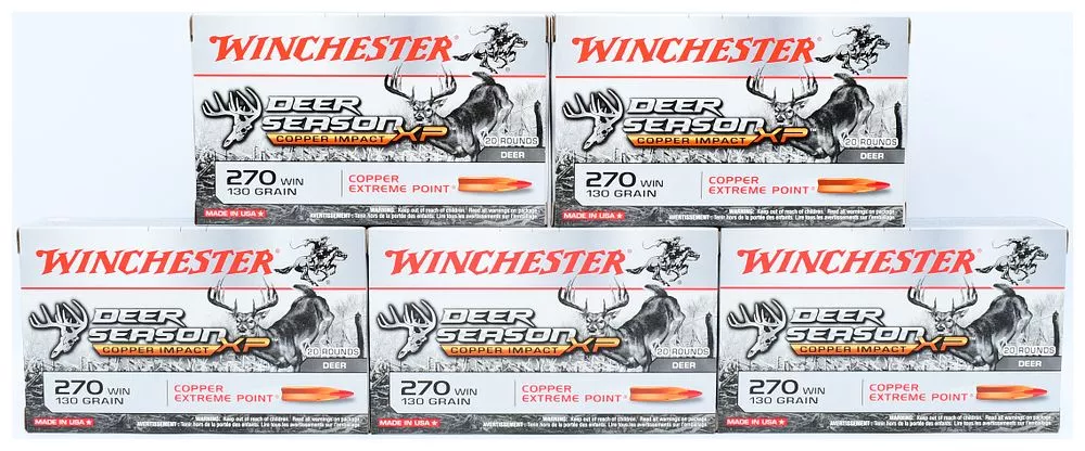 Six Boxes Winchester Deer Season XP Copper Impact 270 Win 130 Grain Copper Extreme Point Ammunition, 100 Rounds