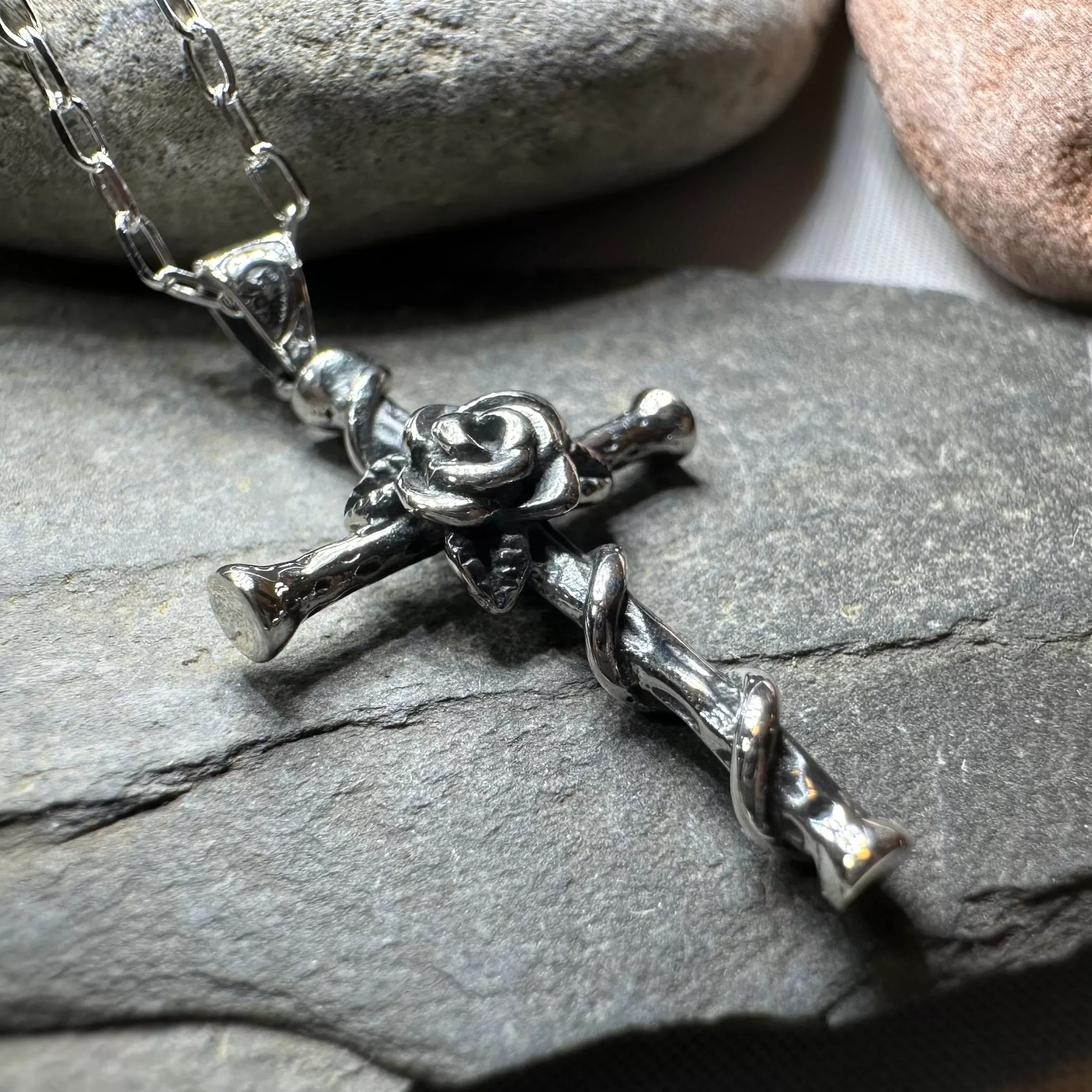 Spiritual Celtic Cross Rose Necklace in Sterling Silver
