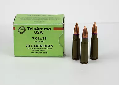 TelaAmmo 7.62x39mm Ammunition TELA76239124 124 Grain Steel Cased Full Metal Jacket 20 Rounds