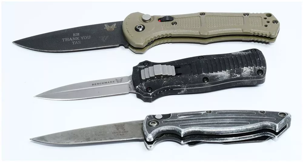 Three Benchmade Knives, including a 3350 Mini-Infidel OTF Automatic Knife