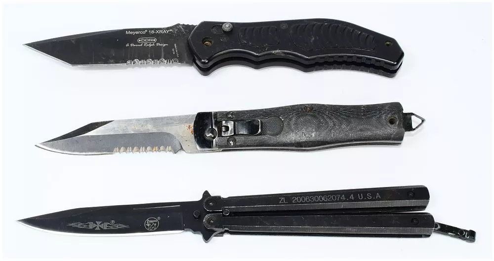 Three Modern Folding Knives, including a Microtech OSS Cobra and a Meyerco 18-XRAY