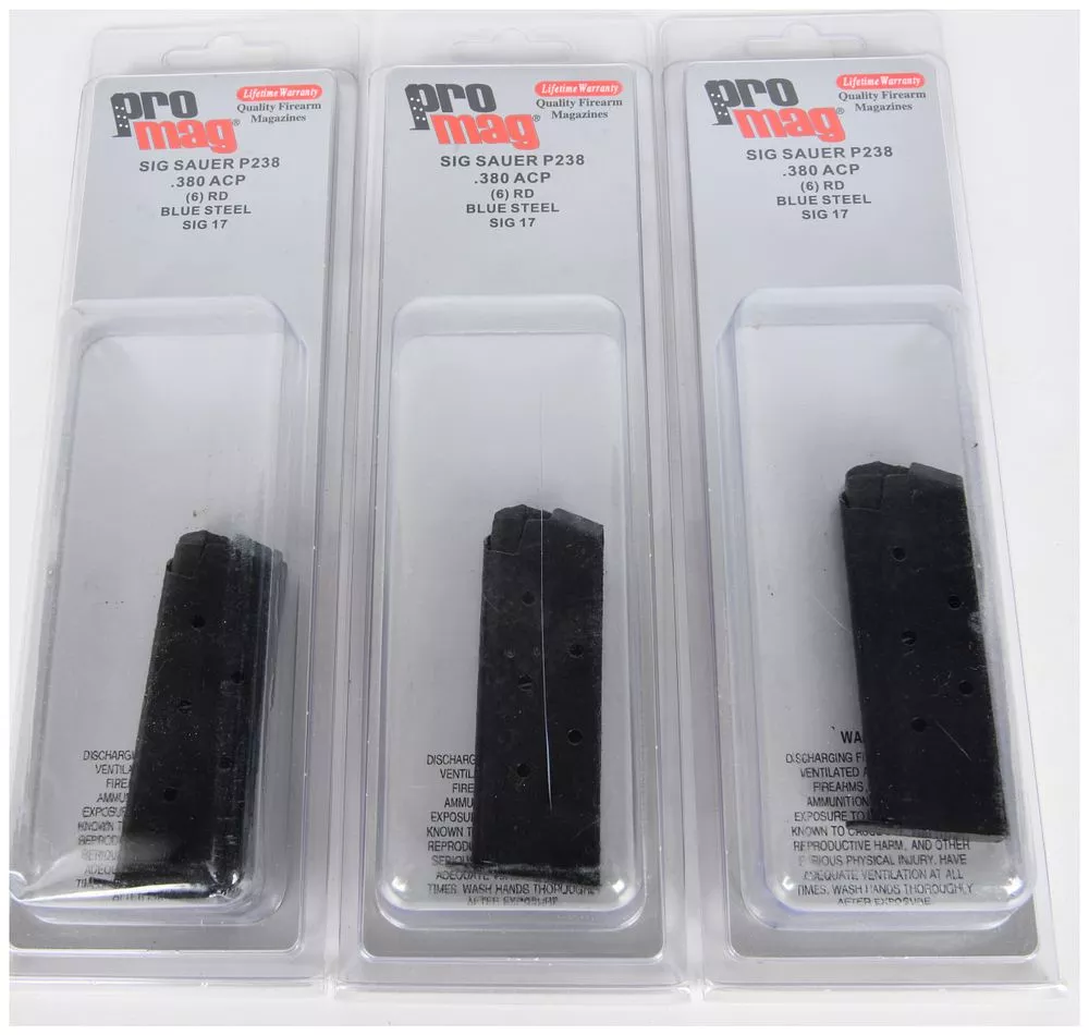 Three ProMag SIG SAUER P238 .380 ACP 6-Round Blue Steel Magazines