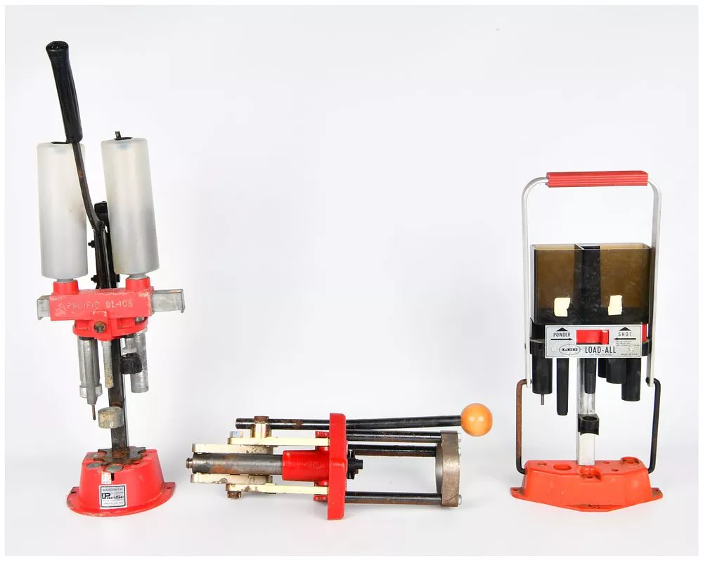 Three Vintage Shotshell Reloading Presses including Pacific DL-105 and Lee Load-All 16 Gauge