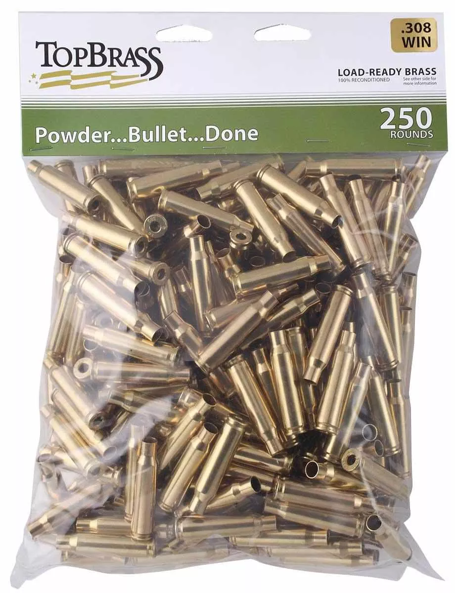 Top Brass Unprimed Remanufactured Rifle Brass.308 Win Bagged Header Card Grade A+ 250/ct