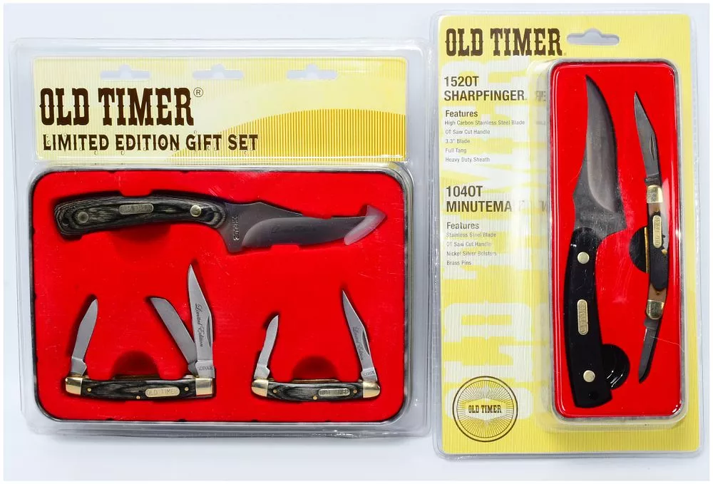 Two Schrade Old Timer Limited Edition Knife Sets, including a 3-Knife Gift Set (Model 1130040) and a 2-Knife Set