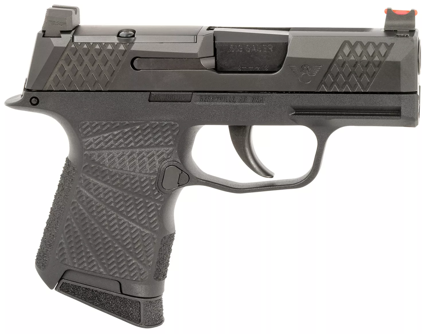 Wilson Combat SIGWCP3659BRC P365 9mm Luger 10+1 (2) 3.10", Black, RMRcc Optic Cut Slide with X-Tac Pattern Serrations, Polymer Frame, Sunburst Grips, Optic Height Fiber Optic Sights, Standard Trigger
