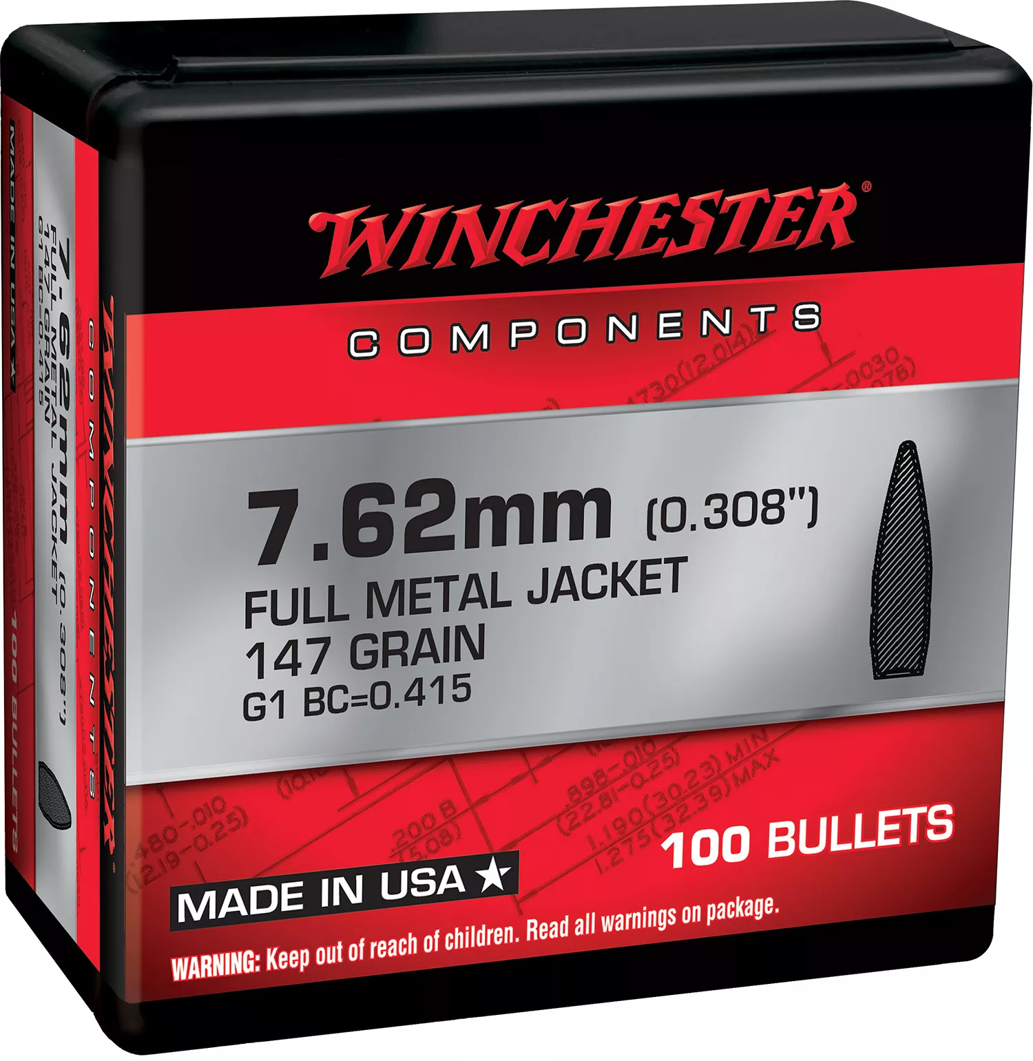 Winchester Ammo WB762M147X Centerfire Rifle 7.62mm 147gr Full Metal Jacket Boat Tail 100 Per Box/10 Case