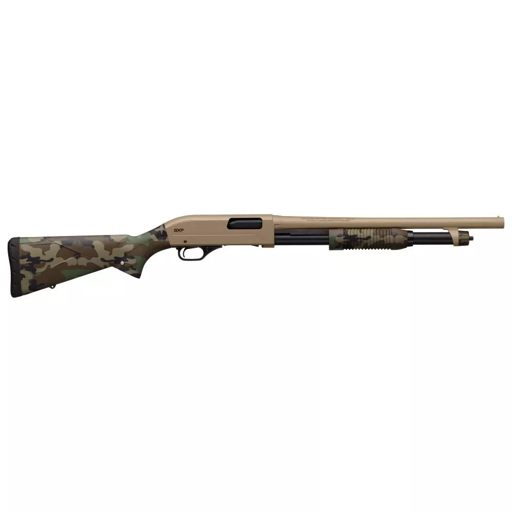 Winchester SXP Woodland Defender 12 Ga Pump-Action Shotgun - 3" Chamber, 5-Round Capacity, 18" Barrel, FDE & Woodland Camo 048702024405