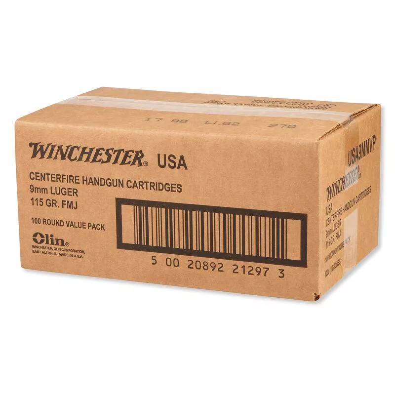 Winchester USA 9mm Luger 115 gr. FMJ 1190 fps 1000/case