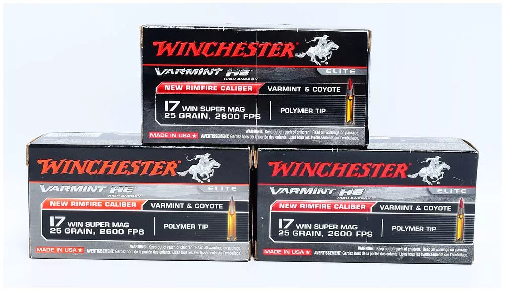 Winchester Varmint HE Elite .17 Win Super Mag 25 Grain Polymer Tip Rimfire Ammunition, 150 Rounds