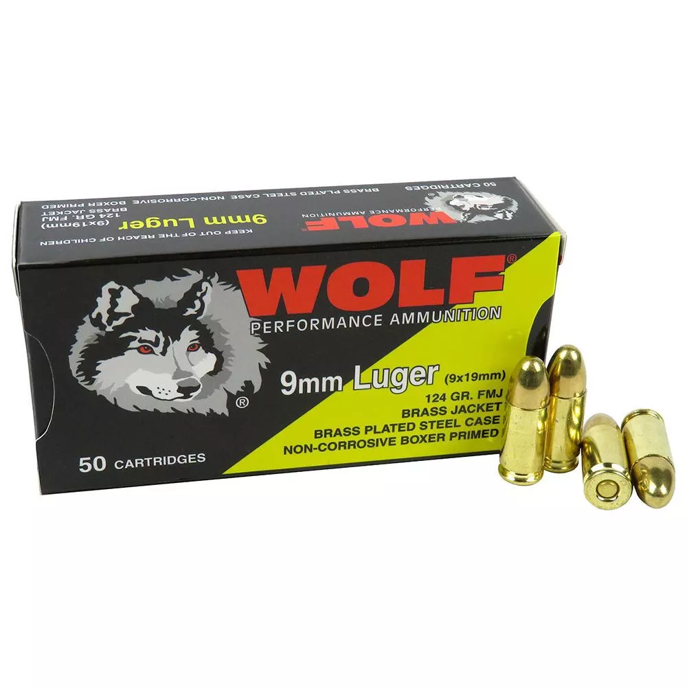 Wolf 9mm Luger Handgun Ammunition 124gr FMJ - 50ct